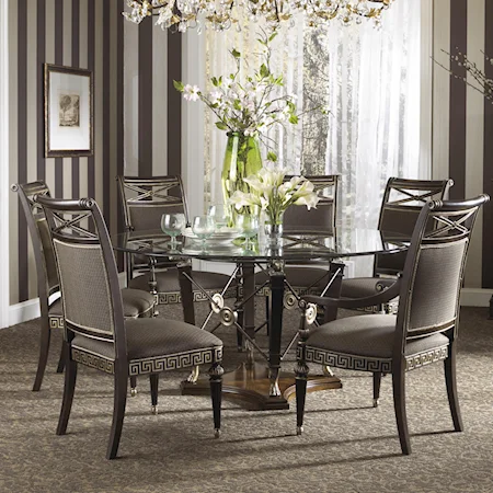 Formal Grecian Style Glass Top Dining Set with Six Chairs